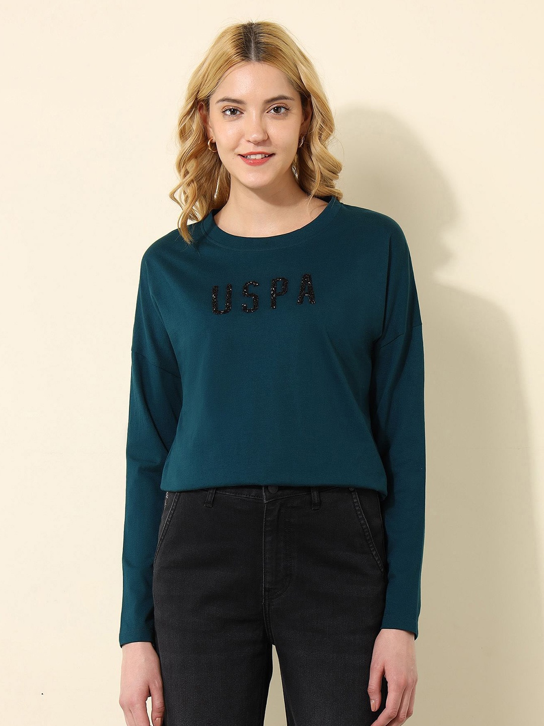 

U.S. Polo Assn. Women Typography Printed Round Neck Cotton Oversized T-shirt, Teal