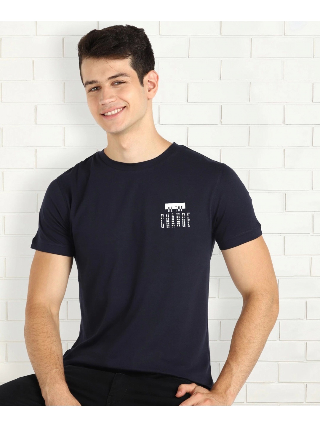 

Moda Rapido Men Typography Printed Round Neck Cotton Slim Fit T-shirt, Navy blue