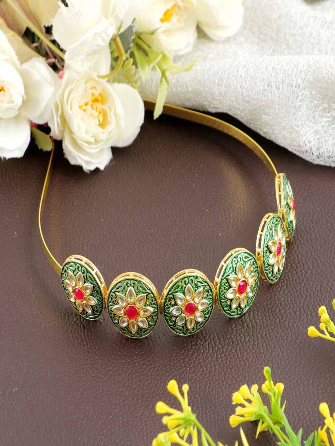 

Anouk Gold-Plated Artificial Stones Studded Sheeshphool Head Jewellery, Green