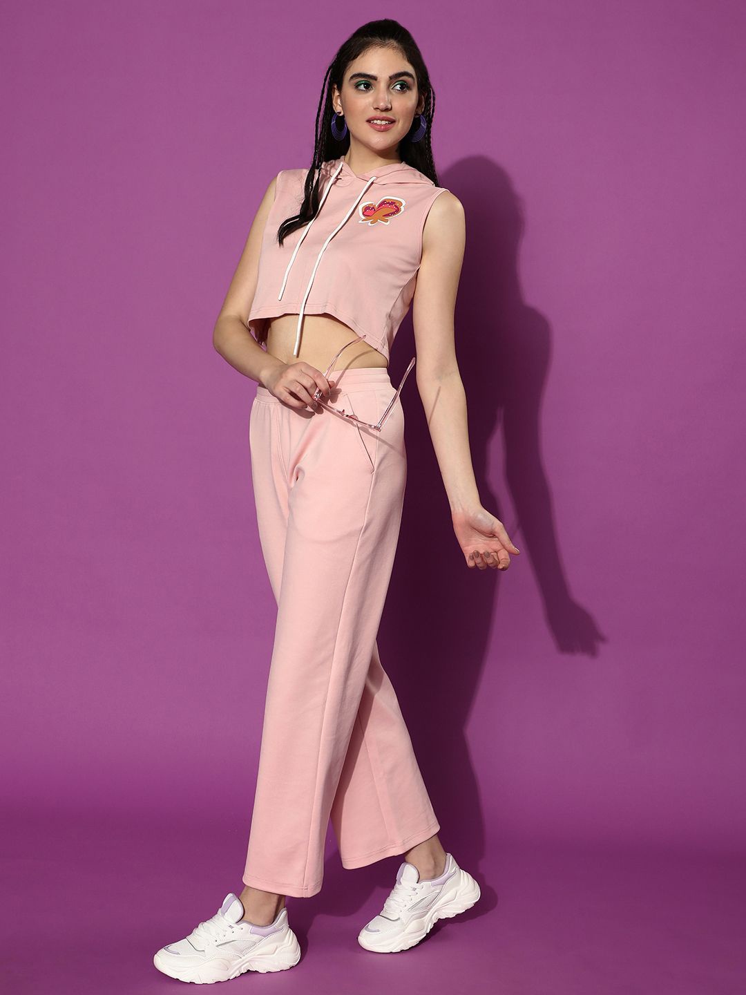 

JUNEBERRY Pink Hooded Crop Top With Trouser Co-Ords Set