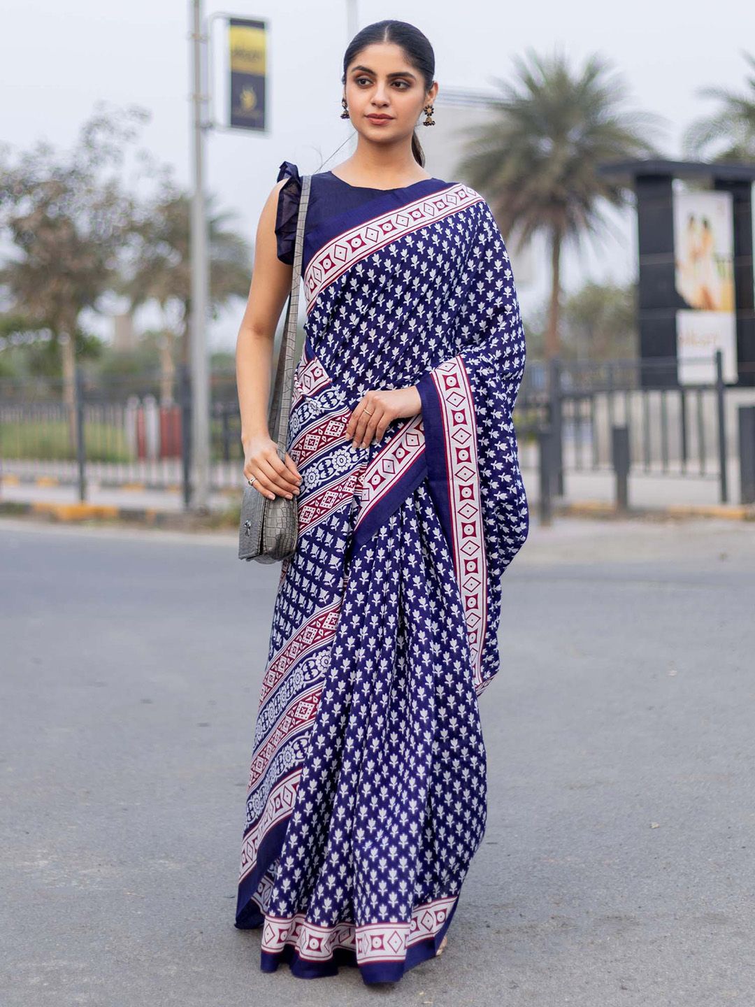 

KALINI Floral Silk Blend Dabu Saree, Navy blue
