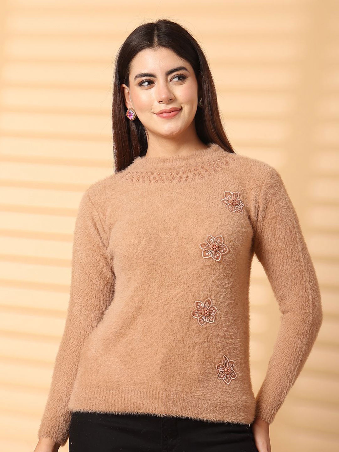 

Moda Rapido Embellished Halter Neck Woollen Top, Beige