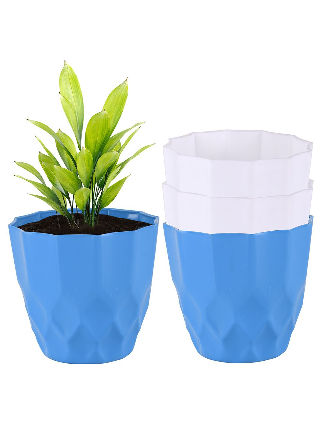 

Kuber Industries White & Blue 4 Pieces Textured Flower Pot Planters