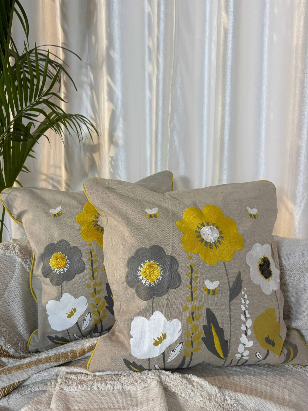 

LUSHLYF Blooming Meadow Tufted Beige 2 Pcs Floral Embroidered Cotton Square Cushion Covers