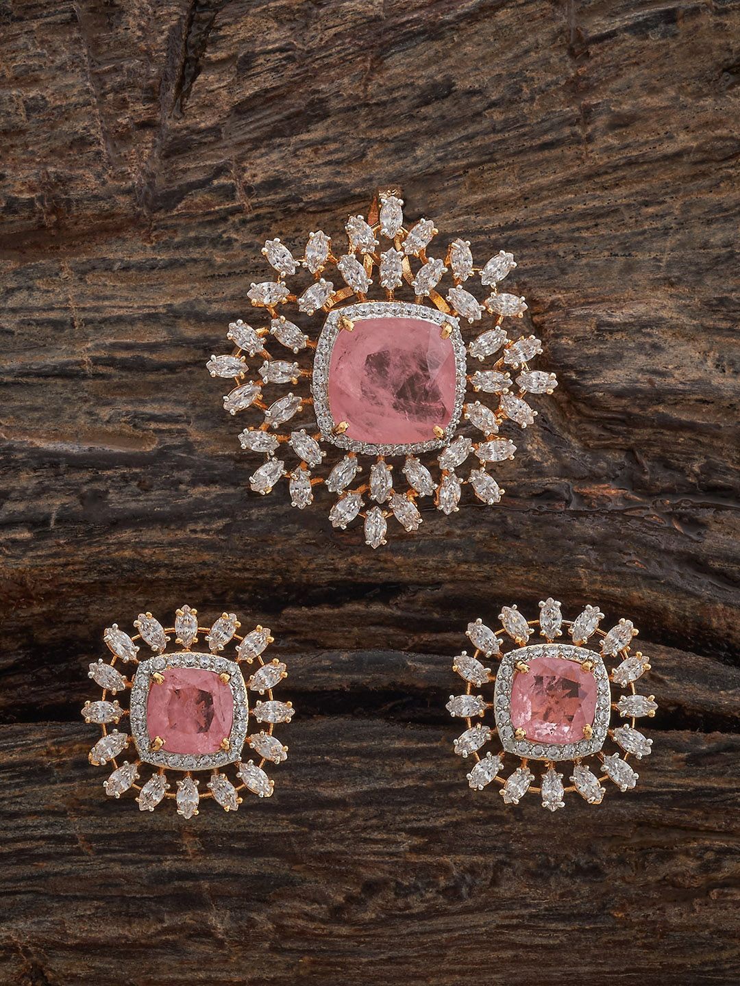 

Kushal's Fashion Jewellery Pink Rhodium Gold-Plated Party Zircon Pendant Set