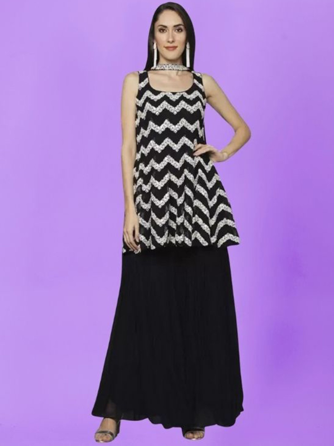 

PARROT CREATION Embroidered Straight Sequinned Kurti With Sharara And Dupatta, Black