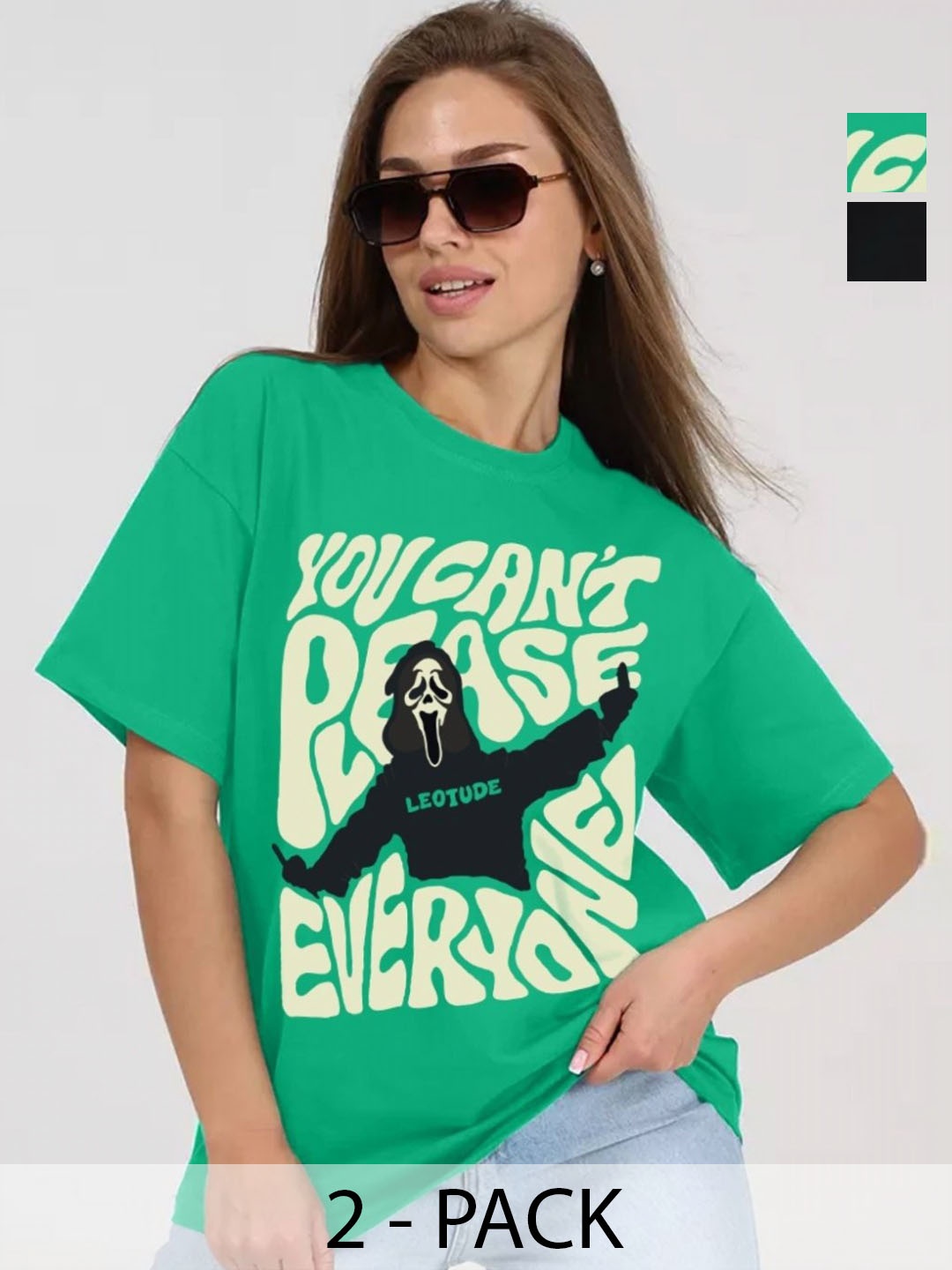 

Leotude Women Pack Of 2 Graphic Printed Round Neck Cotton Oversized T-shirts, Green