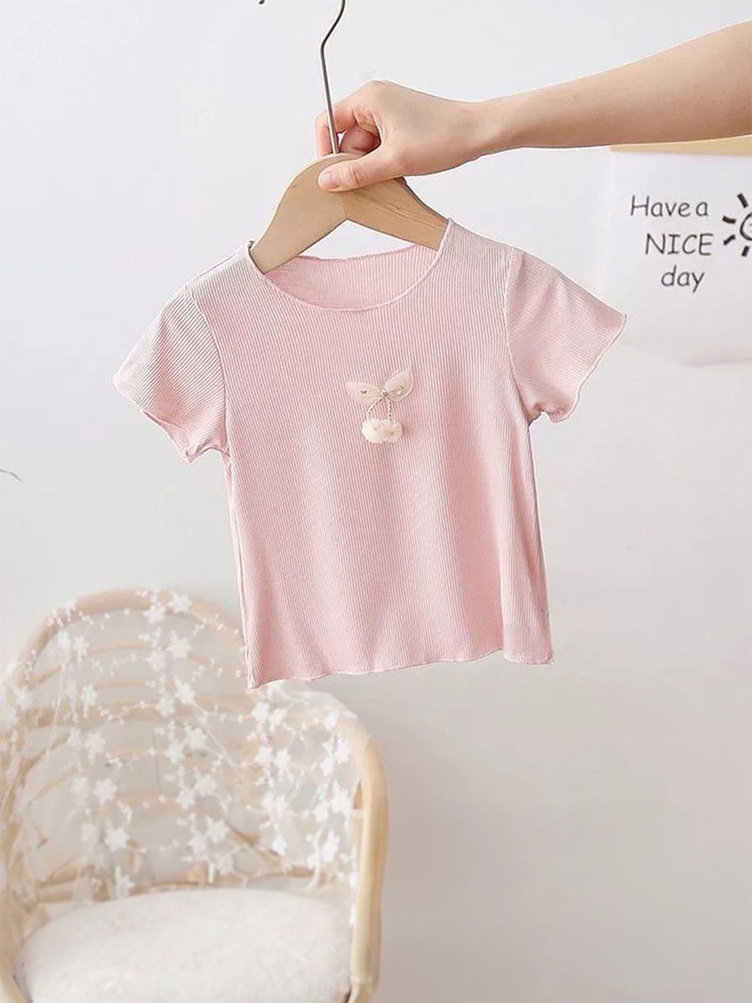 

LULU & SKY Girls Ribbed Round Neck Short Sleeves Applique Top, Pink