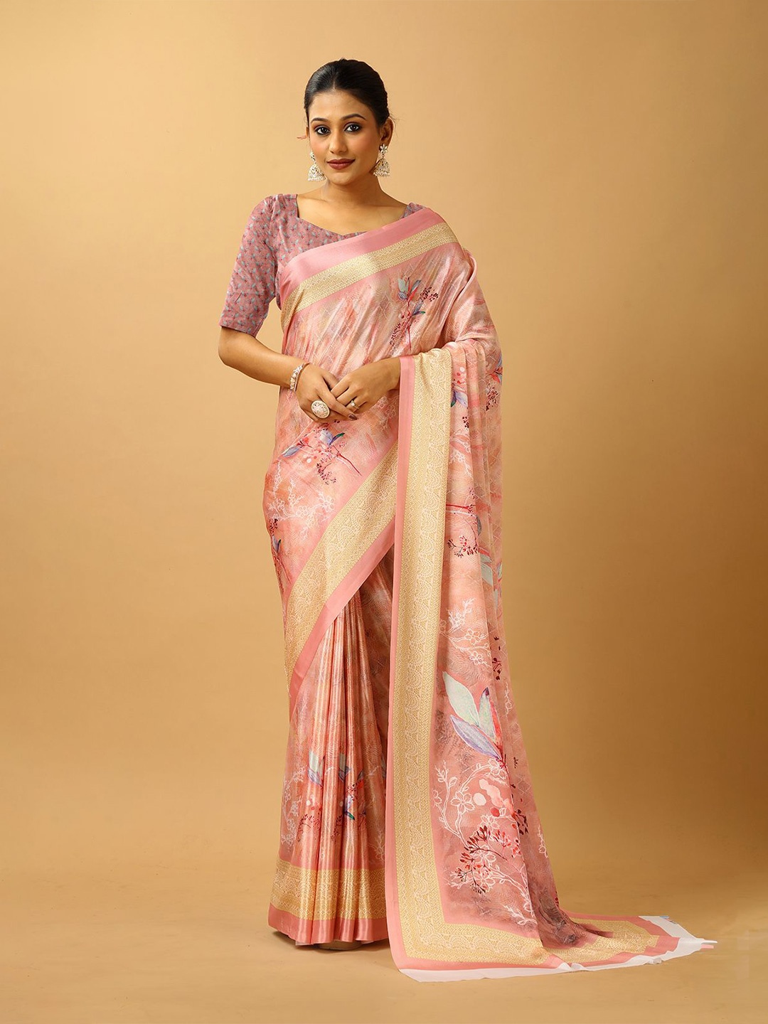 

A.V.M. SILK MILLS Floral Printed Pure Crepe Saree, Orange