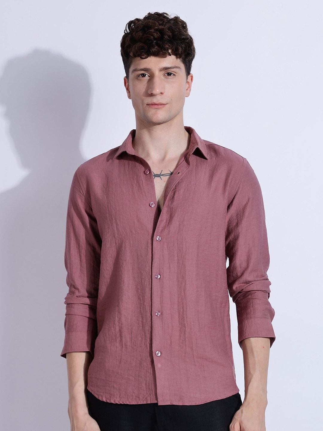 

NEVER NEUD Men Lucas Look Linen Regular Slim Fit Casual Shirt, Pink