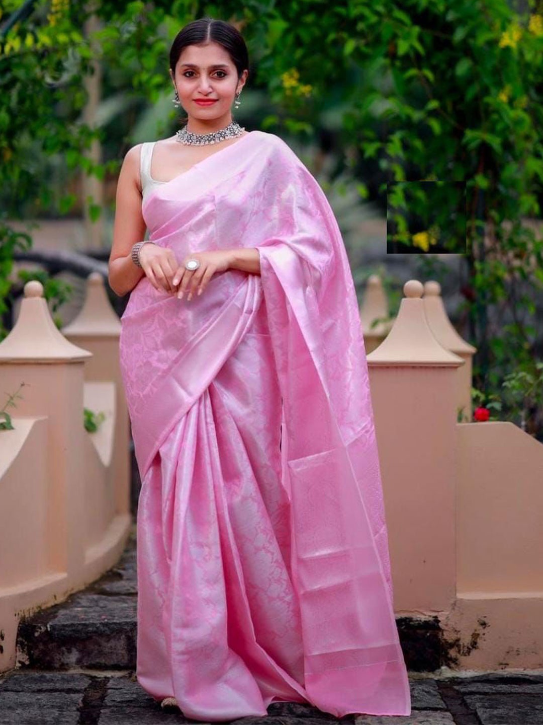 

A TO Z CART Ethnic Motifs Woven Design Zari Pure Silk Banarasi Saree, Pink