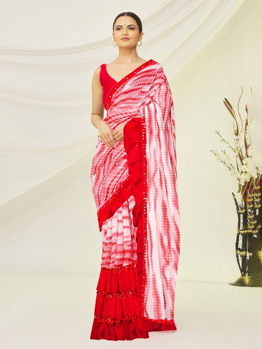 

Moda Rapido Sequinned Pure Georgette Ruffles Saree, Red