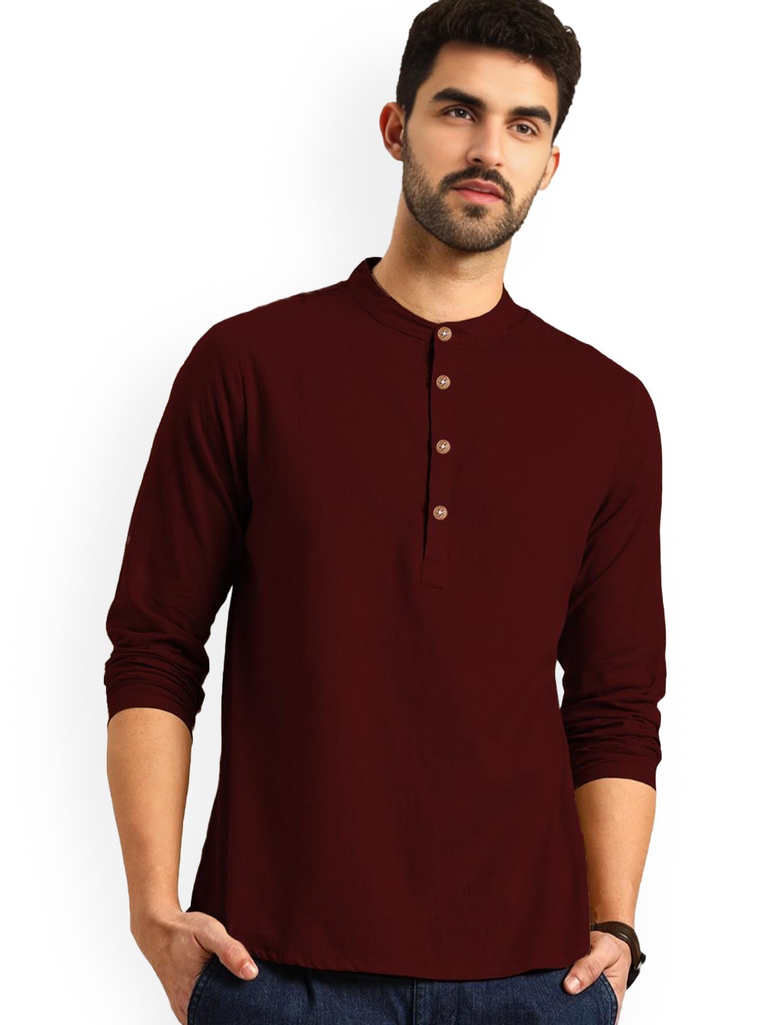 

Vida Loca Band Collar Rolled-Up Sleeves Slim Fit Pure Cotton Short Kurta, Maroon