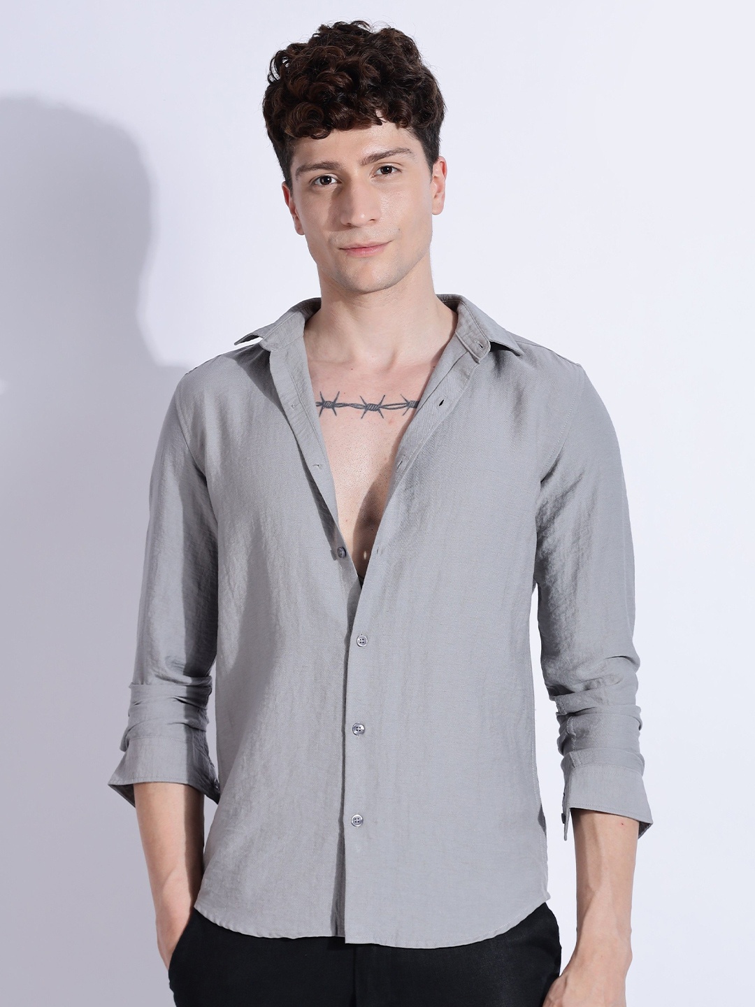 

NEVER NEUD Men Lucas Look Linen Regular Slim Fit Casual Shirt, Grey