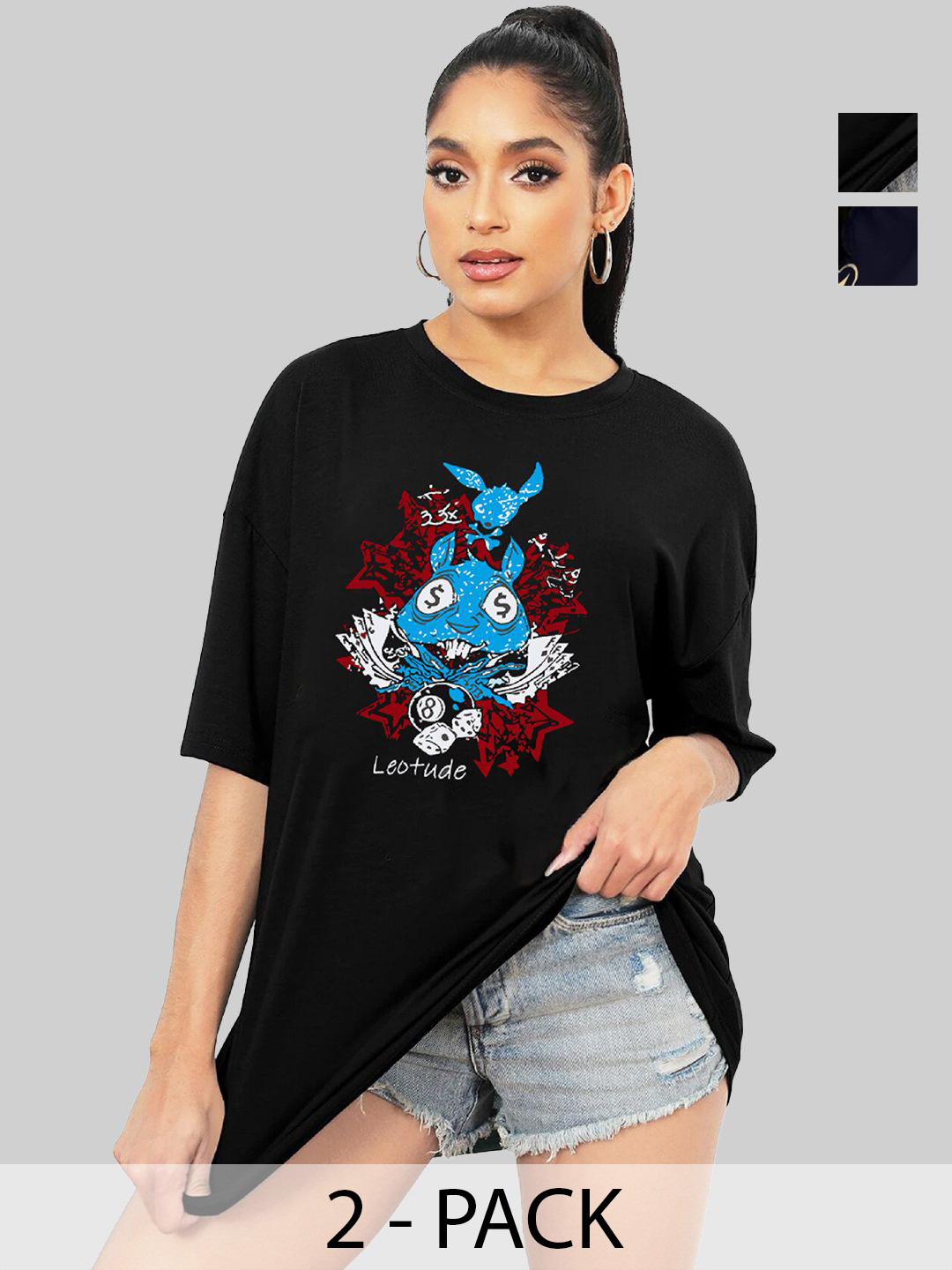 

Leotude Women Pack Of 2 Graphic Printed Round Neck Cotton Oversized T-shirts, Black