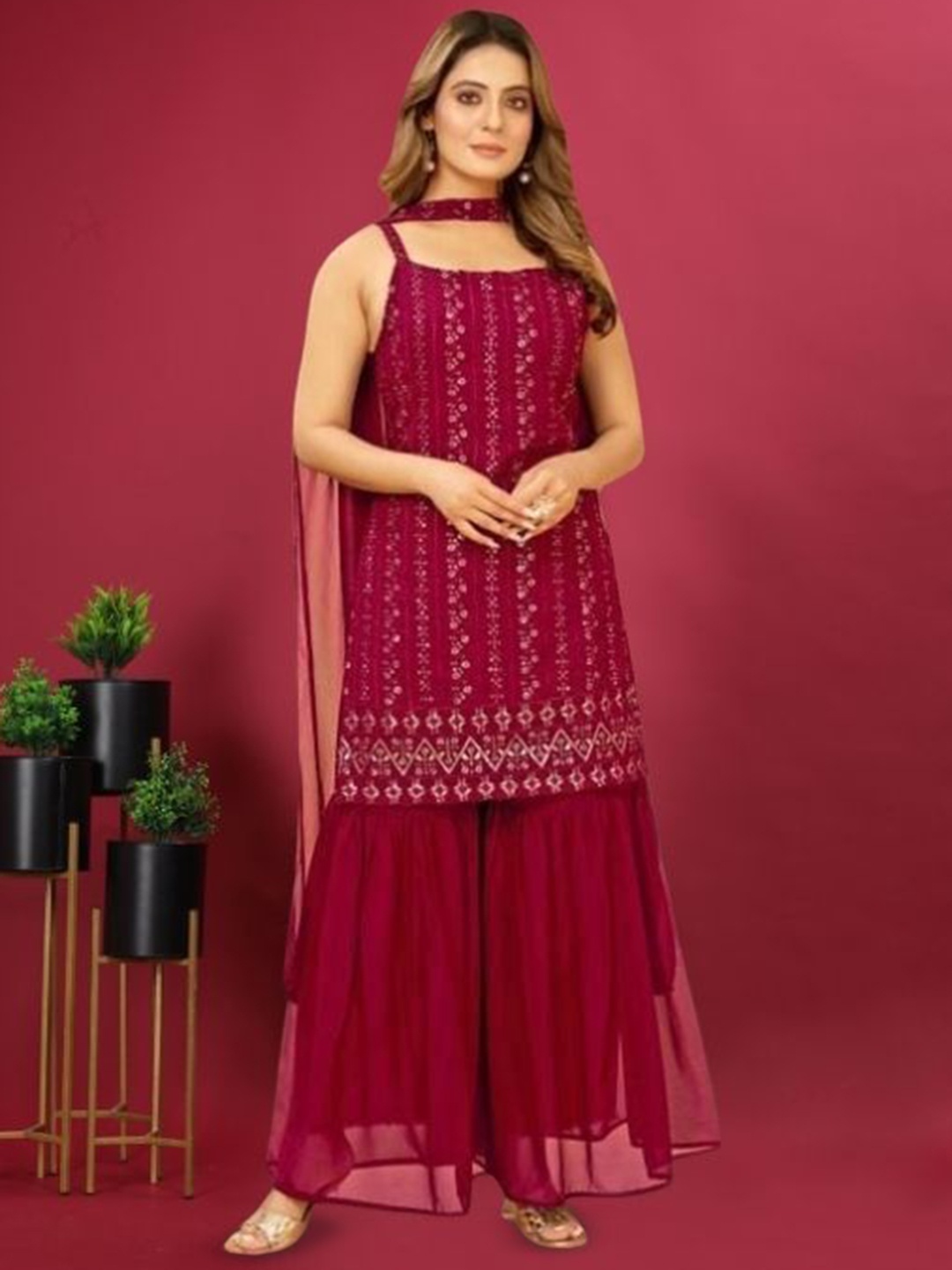

PARROT CREATION Embroidered Straight Sequinned Kurti With Sharara And Dupatta, Pink