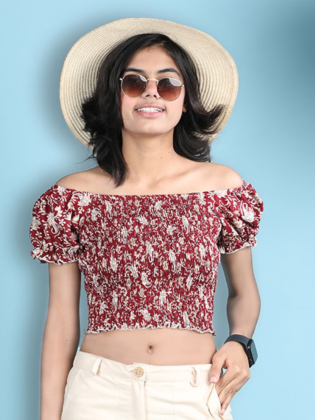 

Cutiekins Girls Floral Printed Off-Shoulder Puff Sleeves Bardot Crop Top, Maroon