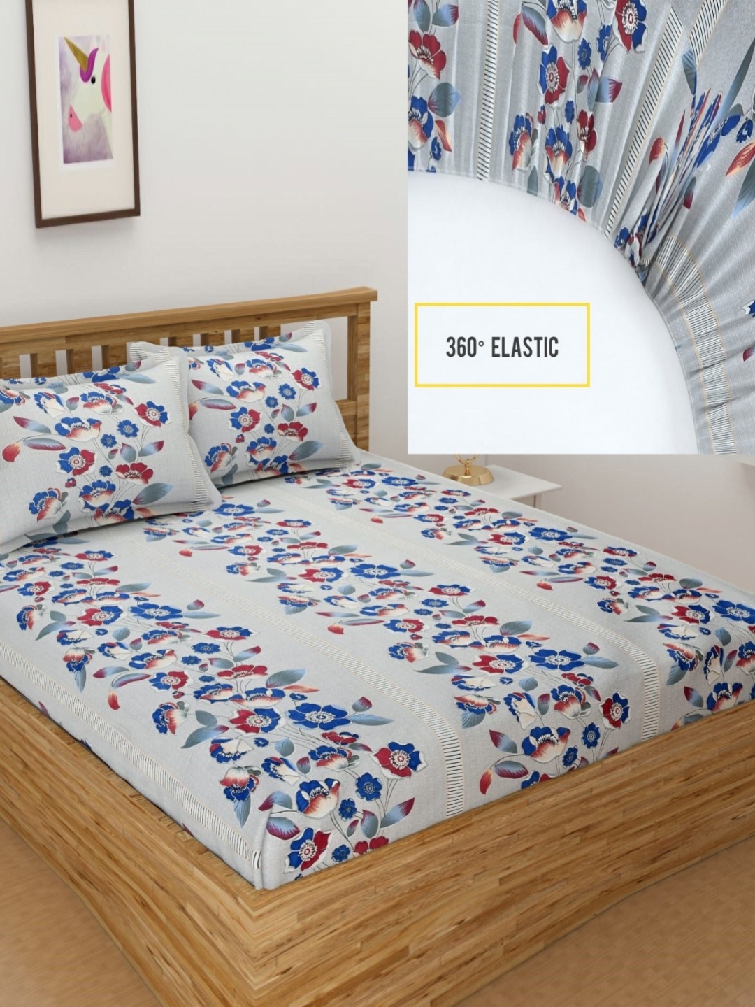 

BELVOSTUM Floral Fitted Collection Blue Floral 220 TC King Bedsheet Set 2.28 m x 2.14 m