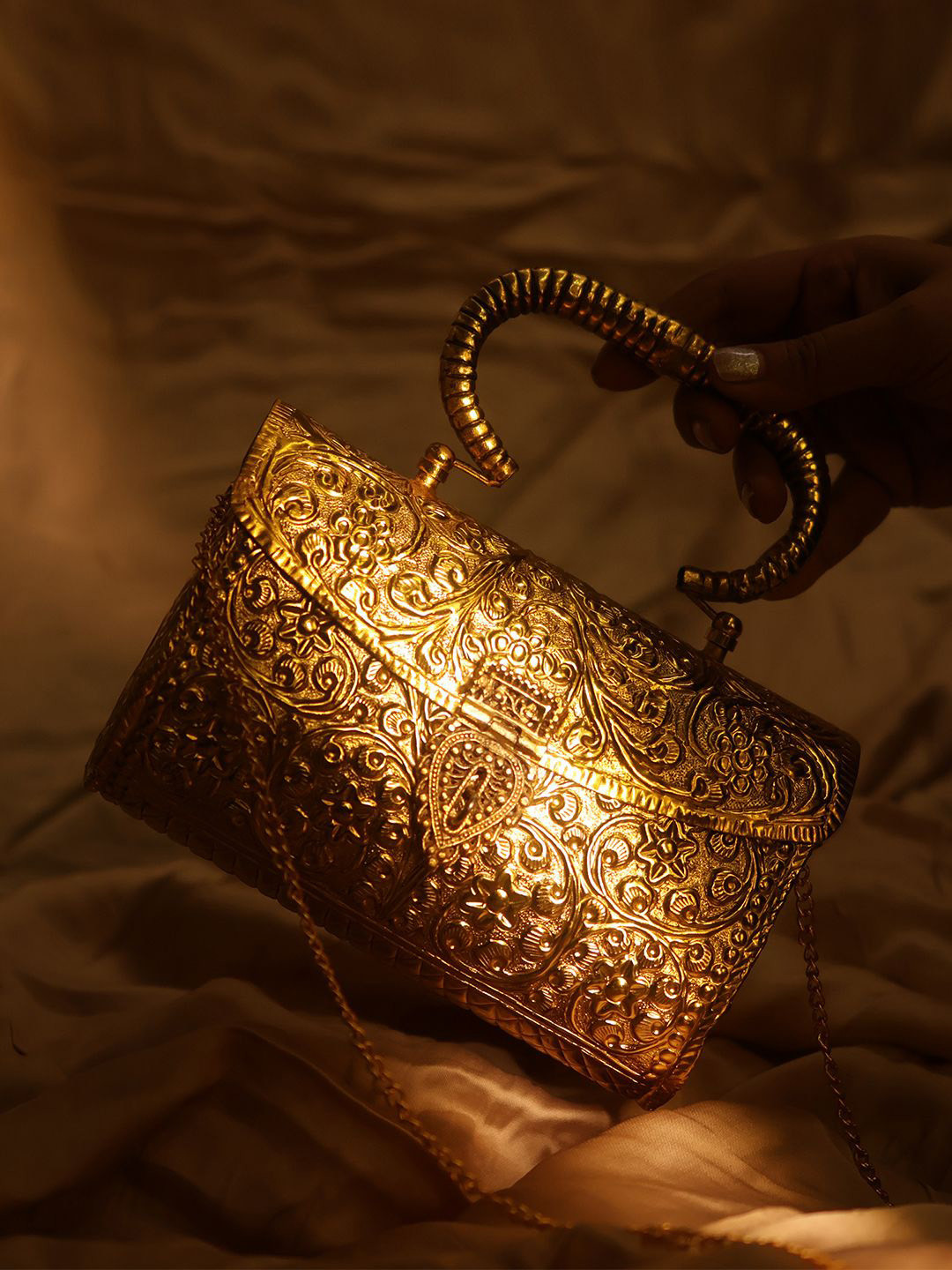 

Tasna Textured Suede Structured Sling Bag, Gold