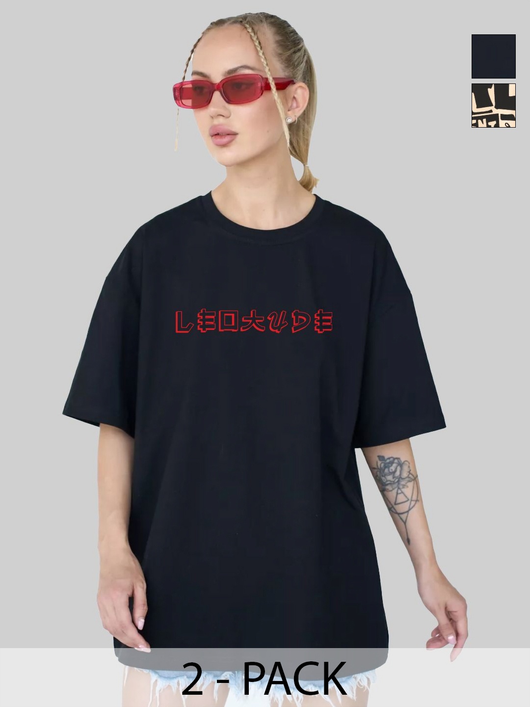 

Leotude Women Pack Of 2 Graphic Printed Round Neck Cotton Oversized T-shirts, Black
