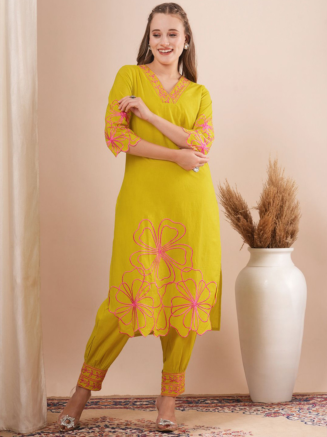 

FASHOR Floral Embroidered Thread Work Straight Kurta With Salwar, Yellow