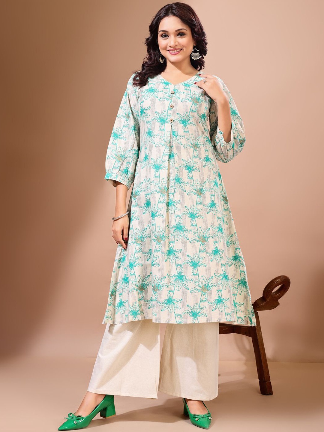 

KALINI Floral Printed Pure Cotton A-Line Kurta With Palazzos, White