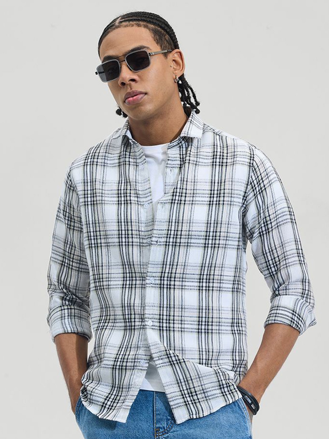 

Snitch Men Slim Fit Opaque Checked Formal Shirt, Black