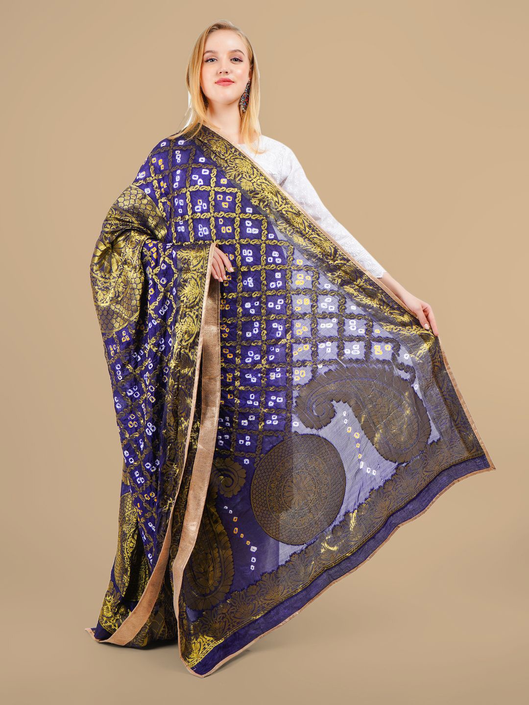 

Karthav Fashion Bandhani Woven Design Silk Dupatta With Zari, Navy blue