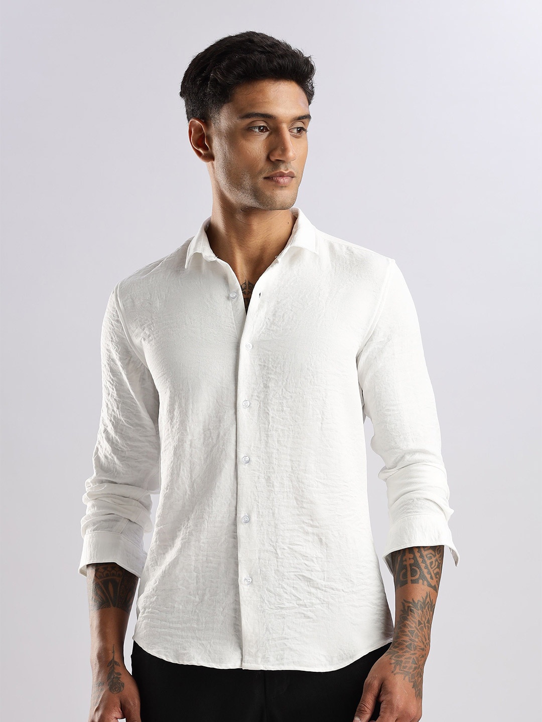 

NEVER NEUD Men Air Linen Like Regular Slim Fit Casual Shirt, White