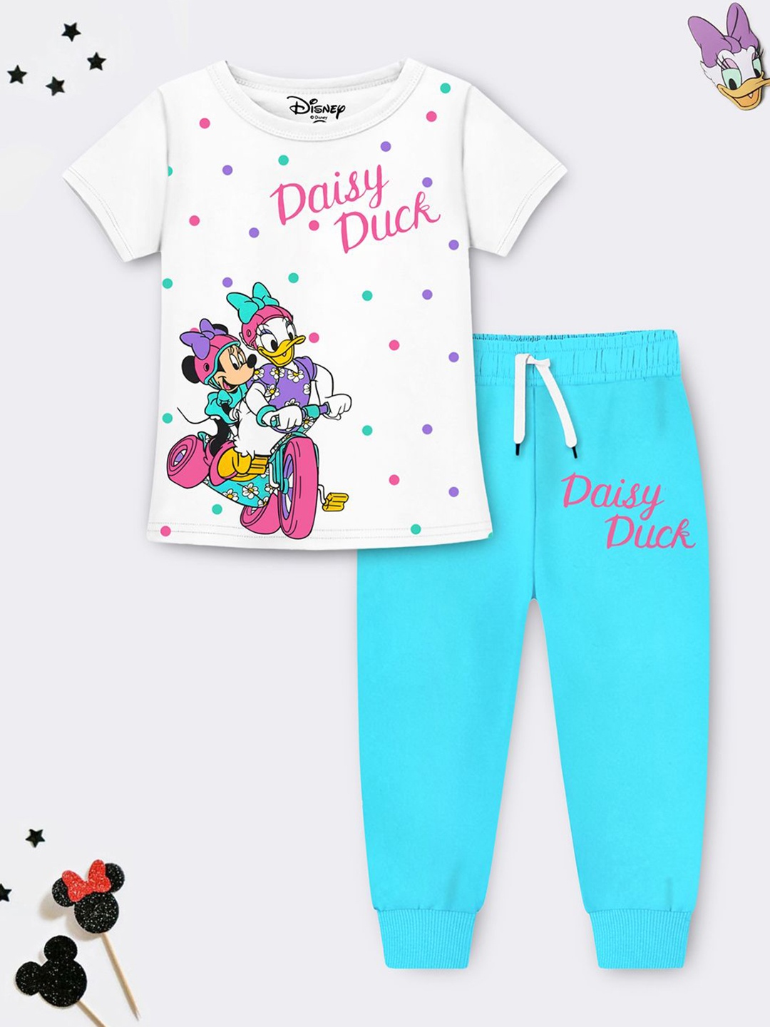 

Disney By Miss and Chief Girls Minnie & Daisy Duck Printed T-shirt With Track Pant, White