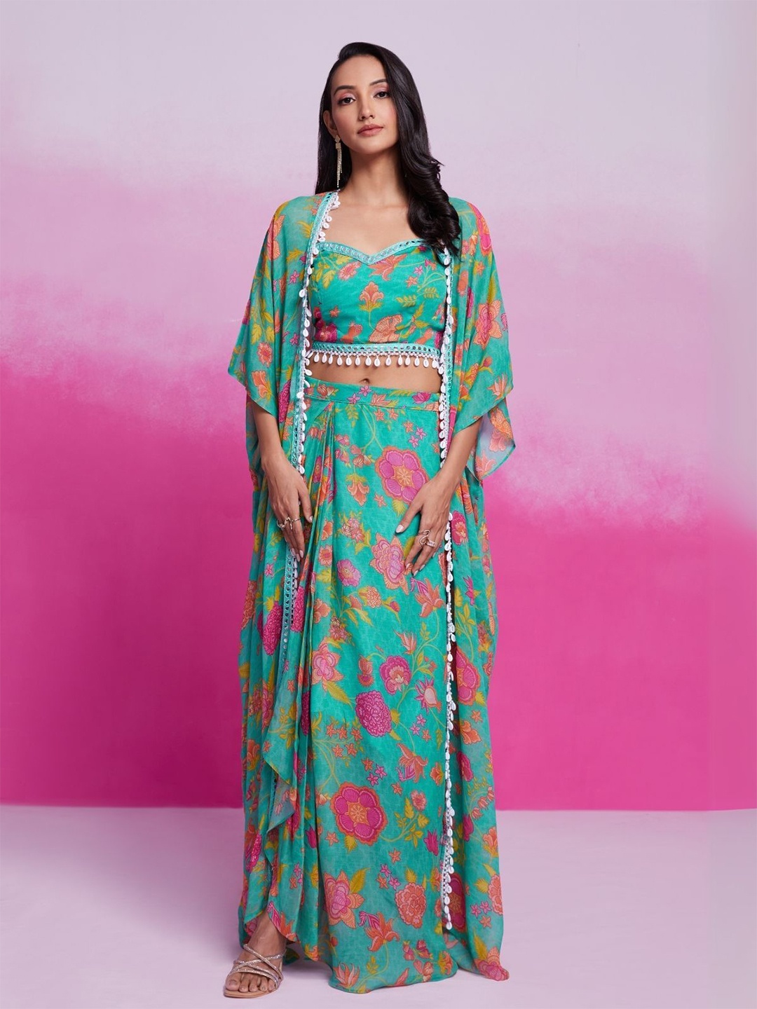 

ODETTE Printed Georgette Stitched Co-Ord Set, Teal