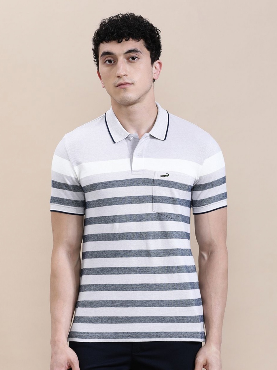

Crocodile Men Birdseye Eng Stripe Slim Fit Polo T-shirt, Grey
