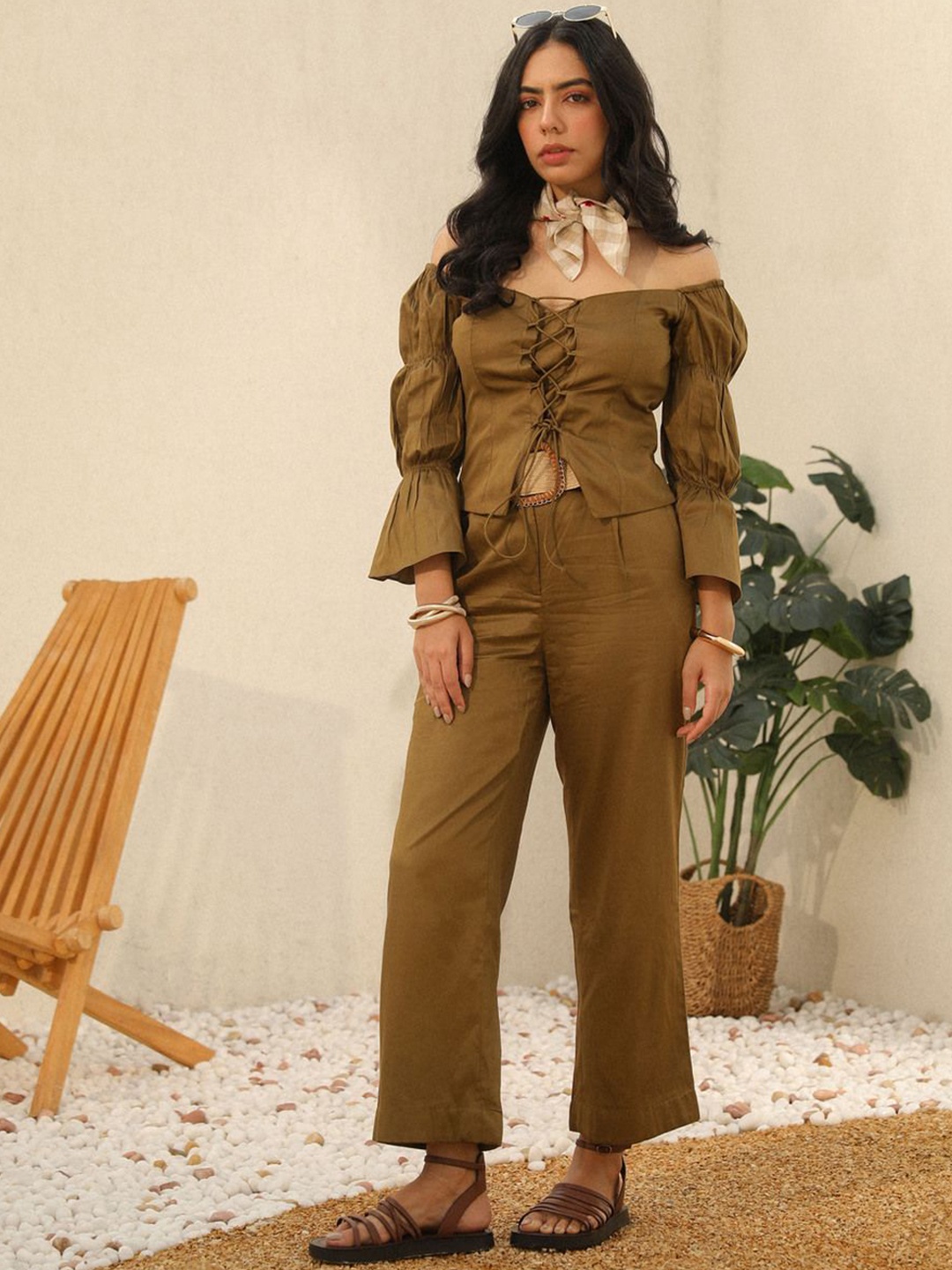 

YA-SA Off Shoulder Cotton Blend Top With Trousers, Green