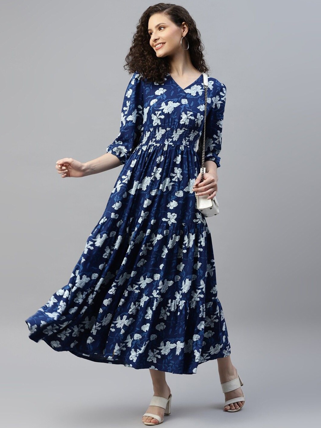 

Femvy Women Floral Printed Cotton Fit & Flare Maxi Dress, Blue