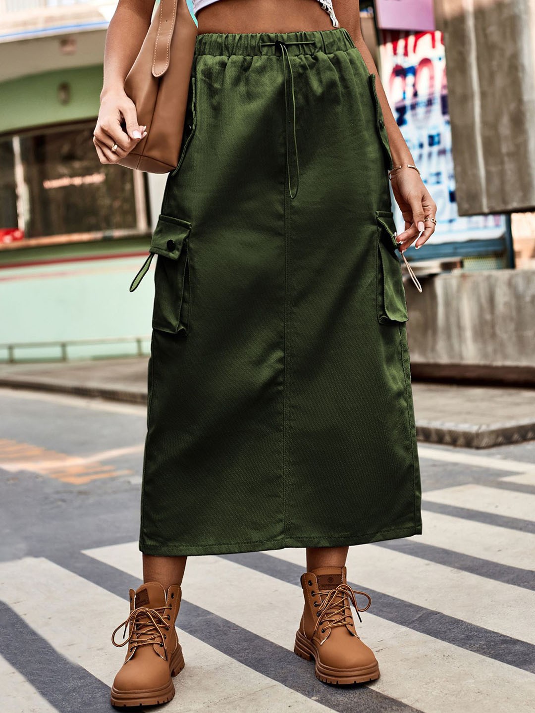 

StyleCast A-Line Midi Cotton Skirt, Olive