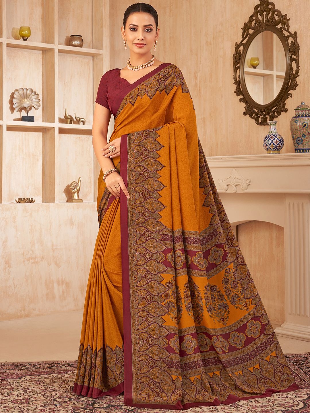 

Mitera Floral Silk Blend Jamdani Saree, Mustard