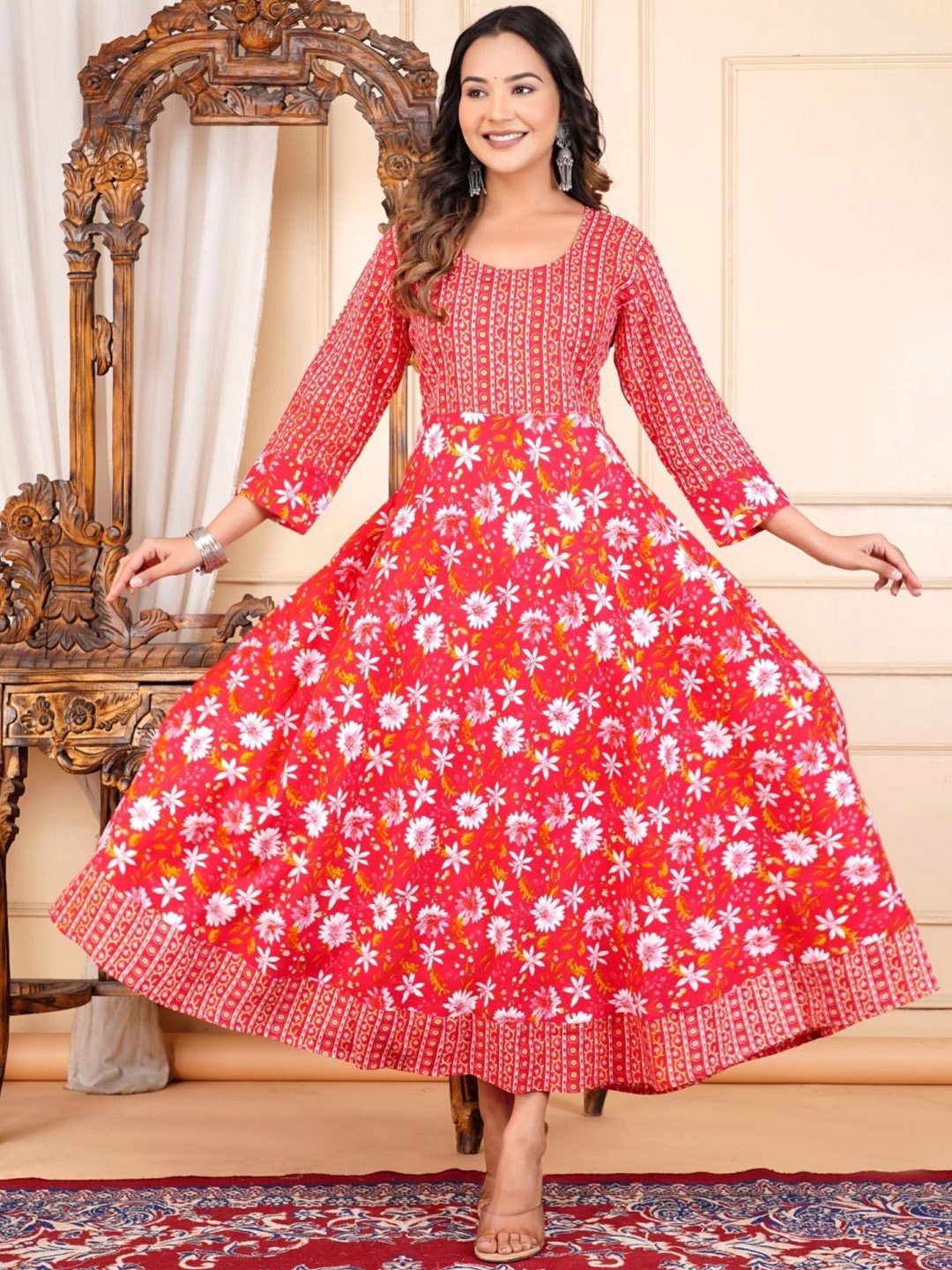 

FebQ Floral Printed Round Neck Fit and Flare Maxi Dress, Red