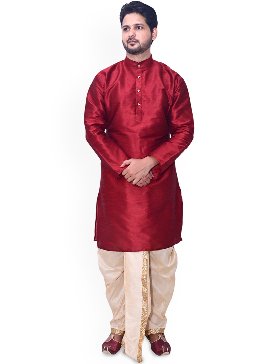

Om Shubh Mangalam Band Collar Dupion Silk Straight Kurta With Dhoti Pants, Maroon