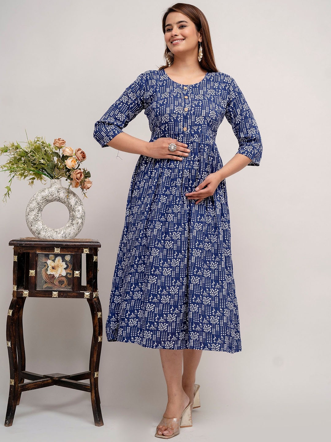 

Mialo fashion Printed Maternity Feeding Fit & Flared Ethnic Dresses, Navy blue