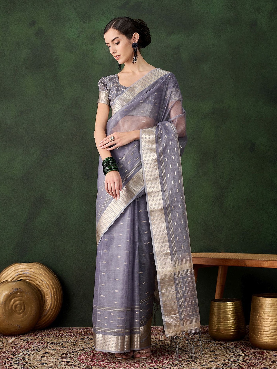 

Maroosh Woven Design Zari Organza Saree, Grey