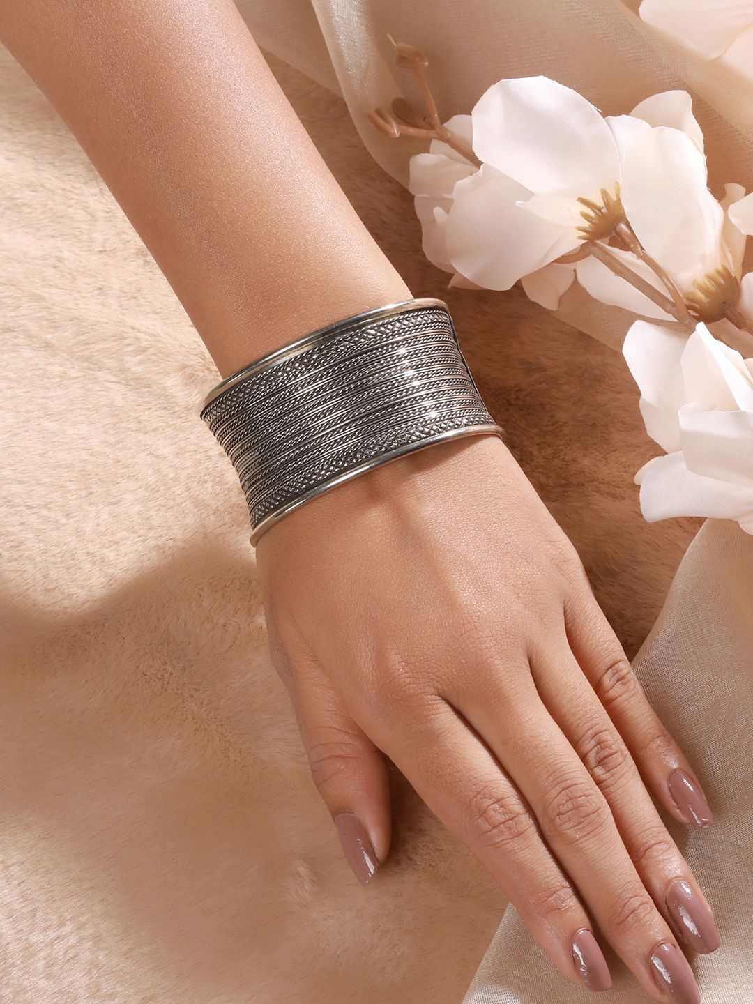 

Sangria Silver-Plated & Textured Oxidised Cuff Bracelet
