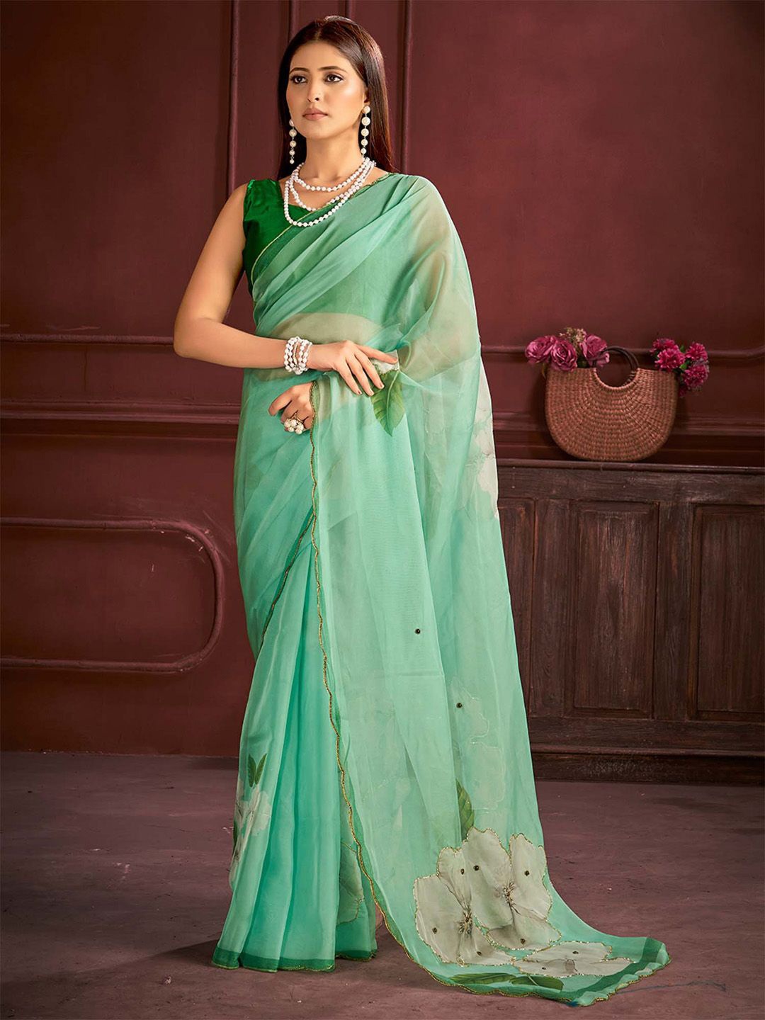 

Anouk Floral Zardozi Organza Saree, Sea green