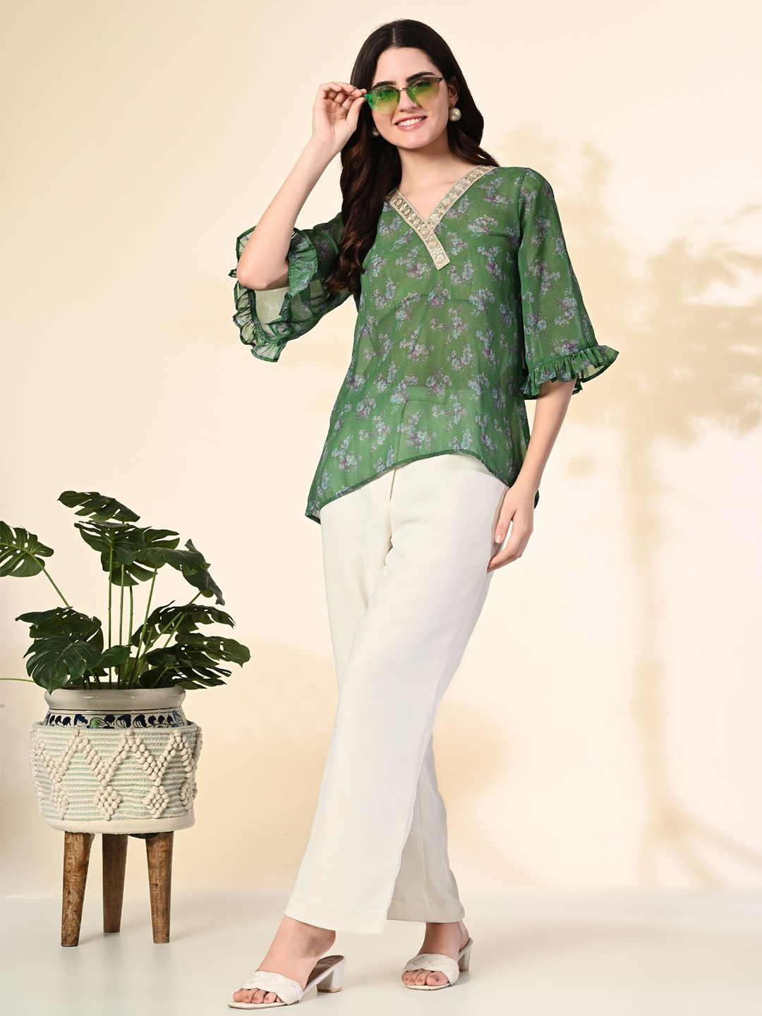 

KALINI Floral Print Bell Sleeve Georgette Top, Green