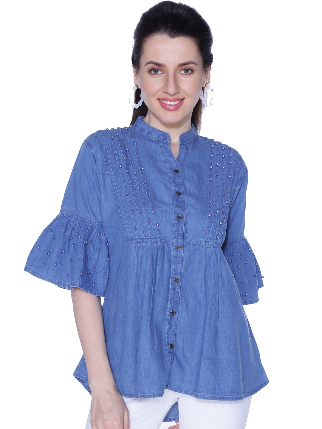 

CEFALU Embellished Mandarin Collar Bell Sleeve Denim Shirt Style Top, Blue