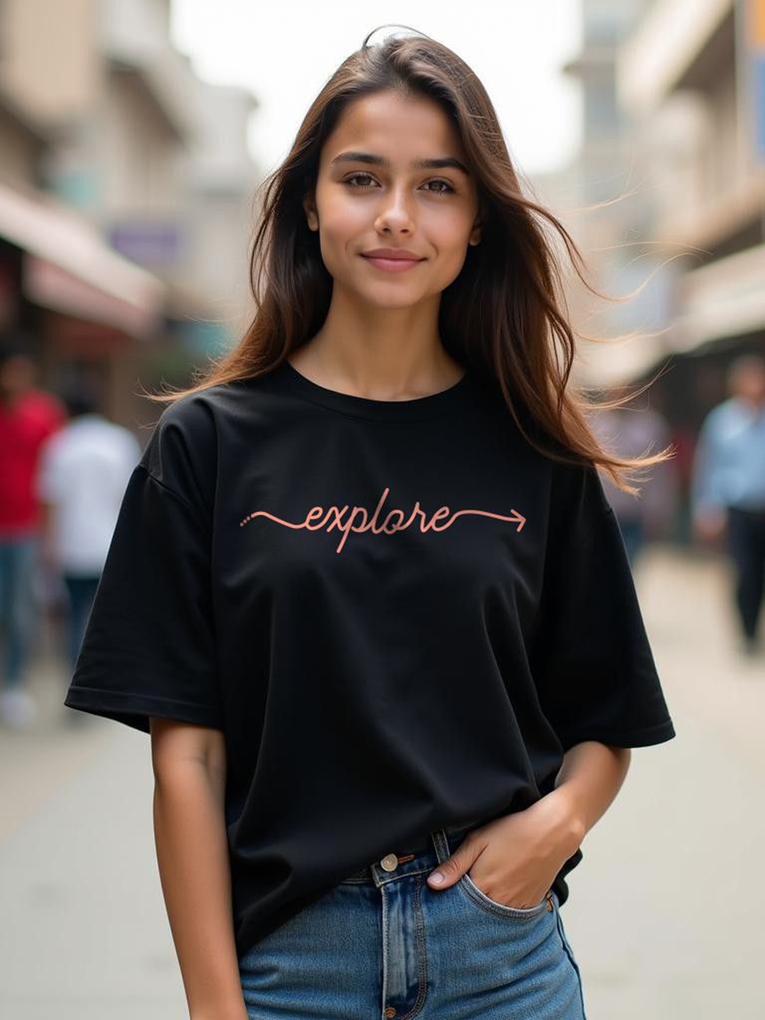 

TOGS & TERRE Women Graphic Printed Round Neck Cotton Oversized T-shirt, Black