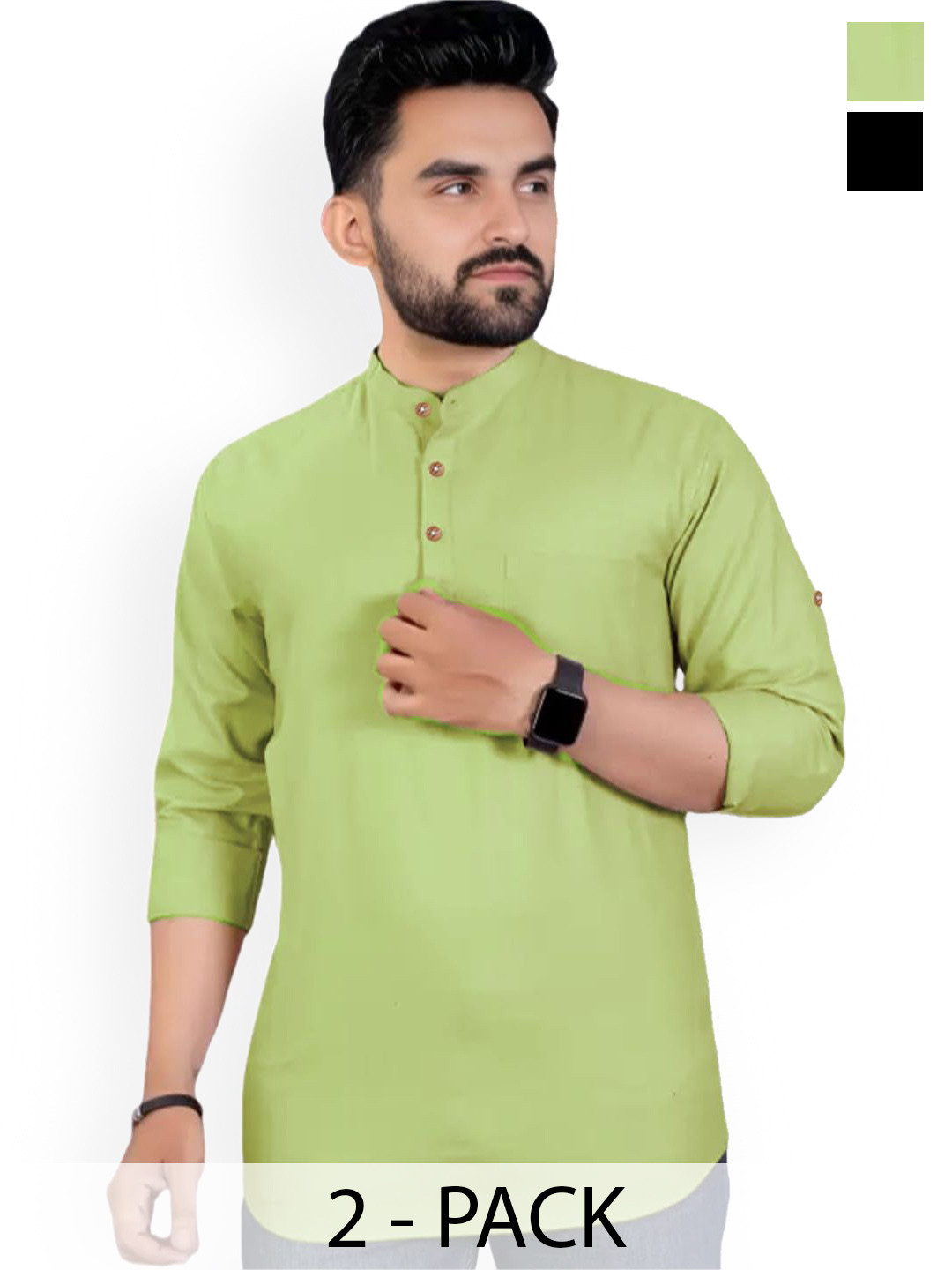 

Vida Loca Selection Of 2 Mendarin Collar Pure Cotton Kurtas, Green
