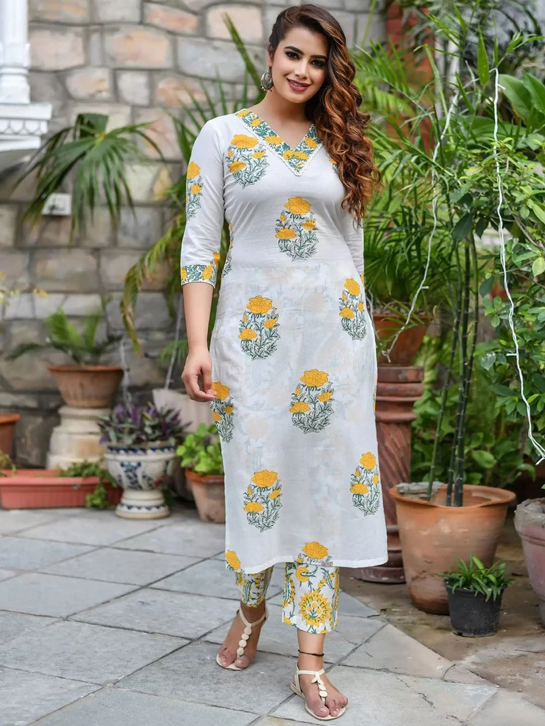 

Moda Rapido Floral Printed V-Neck Straight Kurta with Trousers And Dupatta, White