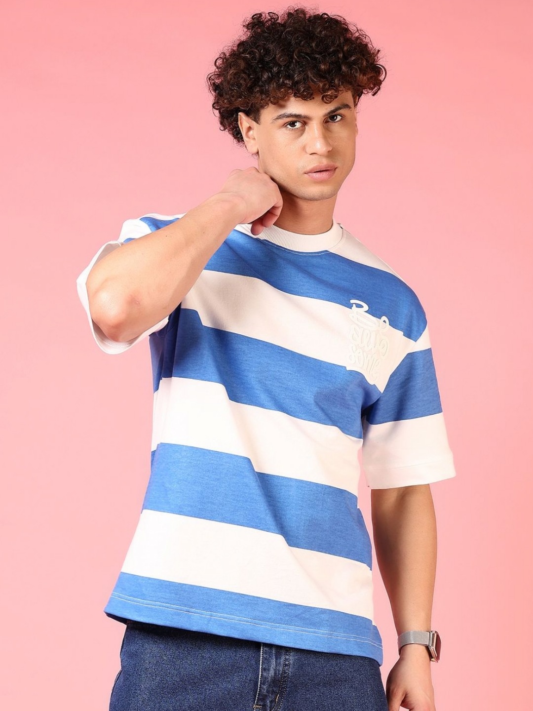 

V-Mart Men Striped Round Neck Cotton Oversized T-shirt, Blue