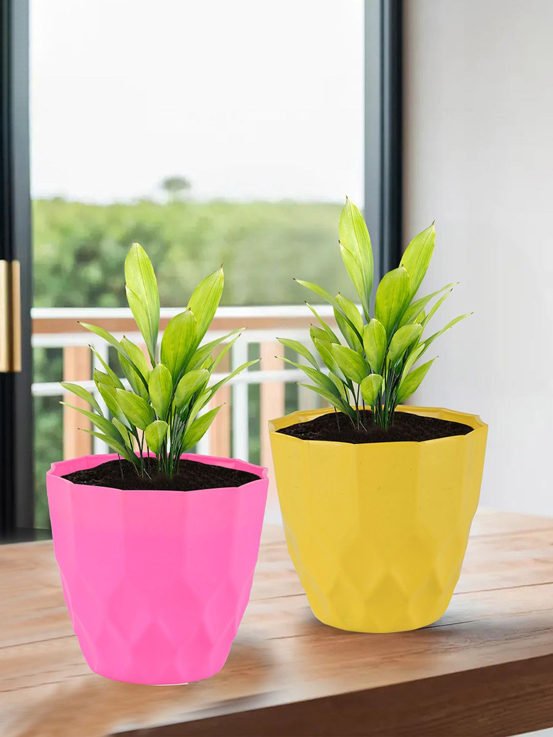 

Kuber Industries Pink & Yellow 2-Pieces Textured Planters