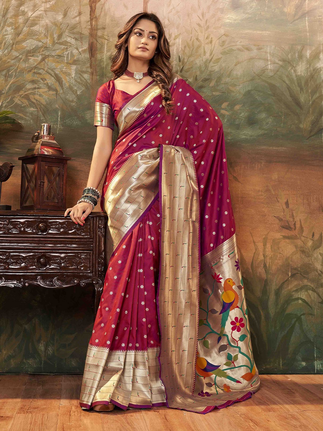 

Mitera Women Woven Design Zari Paithani Saree, Maroon